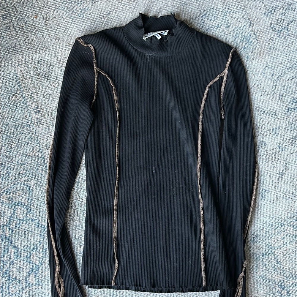 Just Female Black Long Sleeve Ribbed Top with Tan Stitching Size Small